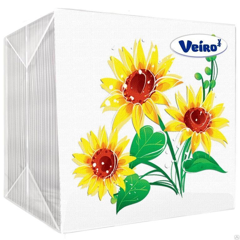 Салфетки бумажные Veiro 1 слойн., 24*24см, белые, с рисунком "Желтый цветок