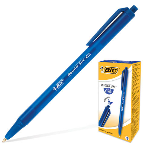 Ручка шариковая автоматическая BIC "Round Stic Clic", СИНЯЯ, корпус тонированный синий, узел 1 мм, линия письма 0,32 мм