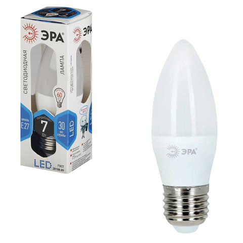 Лампа светодиодная ЭРА, 7 (60) Вт, цоколь E27, "свеча", холодный белый свет