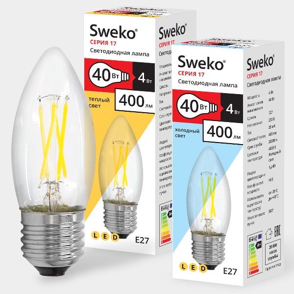 Лампа светодиодная Sweko 17LED-C35-4W-230-3000K-Е27-CL
