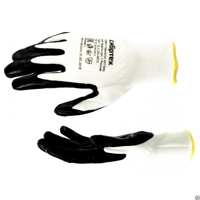 Перчатки полиэфирные с черным нитрильным покрытием маслобензостойкие L15