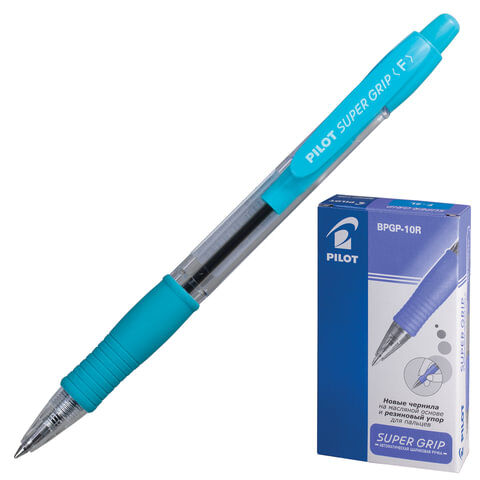Ручка шариковая масляная автоматическая с грипом PILOT "Super Grip", СИНЯЯ, голубые детали, узел 0,7 мм, линия письма 0