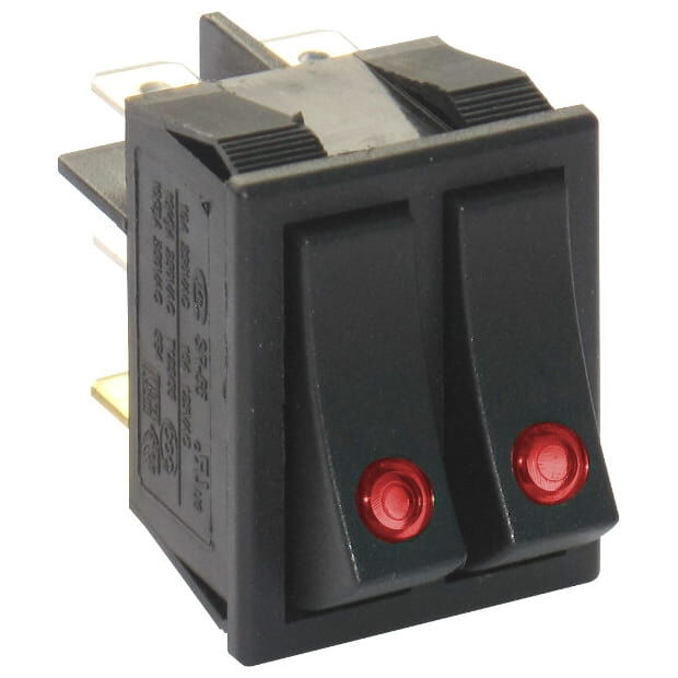 Клавишный выключатель SR55 Black, Red lit 220 VAC номинальный ток 16A/250В АС, лампа 220В АС номинальный ток 16A/250В АС