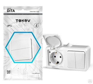 Блок ОП Dita (розетка 16А 250В с заземлением 2-клавишный выключатель 10А) IP54 белый TOKOV ELECTRIC TKL-DT-V2RZ-C01-IP54 
