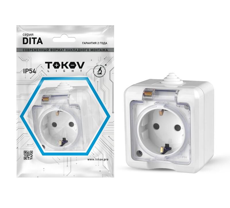 Розетка 1-местная ОП Dita 16А IP54 250 В с заземлением с прозрачный крышкой белый TOKOV ELECTRIC TKL-DT-R1Z-C01T-IP54