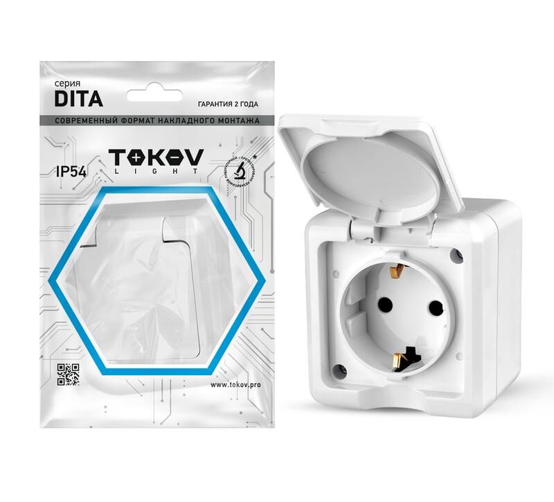 Розетка 1-местная ОП Dita 16А IP54 250 В с заземлением с крышкой цвет белый TOKOV ELECTRIC TKL-DT-R1Z-C01-IP54
