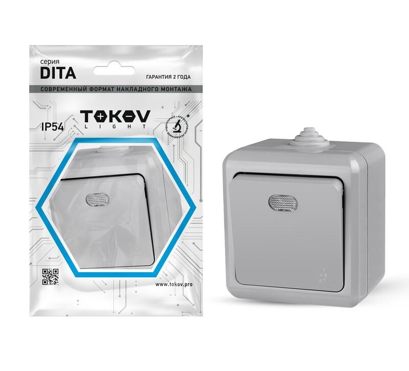 Выключатель 1-клавишный ОП Dita IP54 10А 250 В с индикацией цвет серый TOKOV ELECTRIC TKL-DT-V1I-C06-IP54