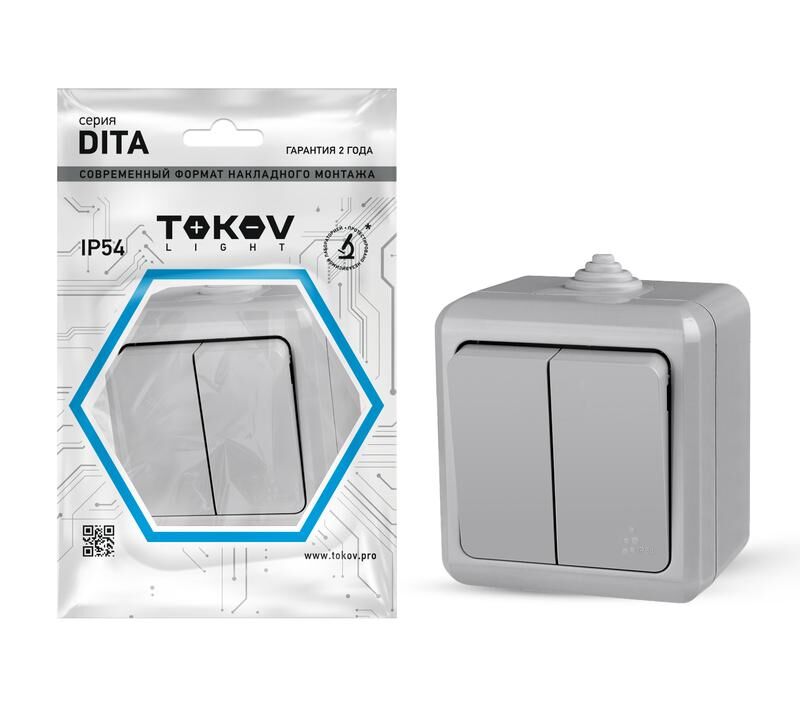 Выключатель 2-клавишный ОП Dita IP54 10А 250 В цвет серый TOKOV ELECTRIC TKL-DT-V2-C06-IP54