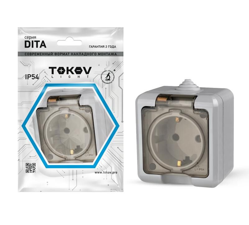 Розетка 1-местная ОП Dita 16А IP54 250 В с заземлением с прозрачный крышкой серый TOKOV ELECTRIC TKL-DT-R1Z-C06T-IP54