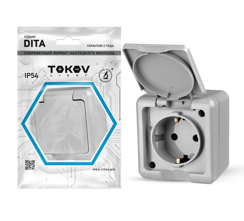 Розетка 1-местная ОП Dita 16А IP54 250 В с заземлением с крышкой цвет серый TOKOV ELECTRIC TKL-DT-R1Z-C06-IP54
