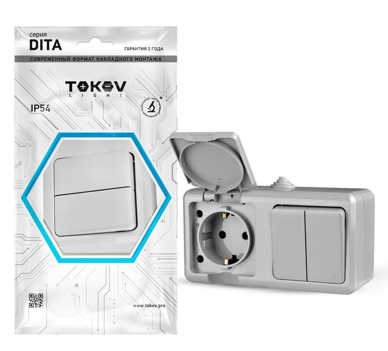 Блок ОП Dita (розетка 16А 250В с заземлением 2-клавишный выключатель 10А) IP54 серый TOKOV ELECTRIC TKL-DT-V2RZ-C06-IP54