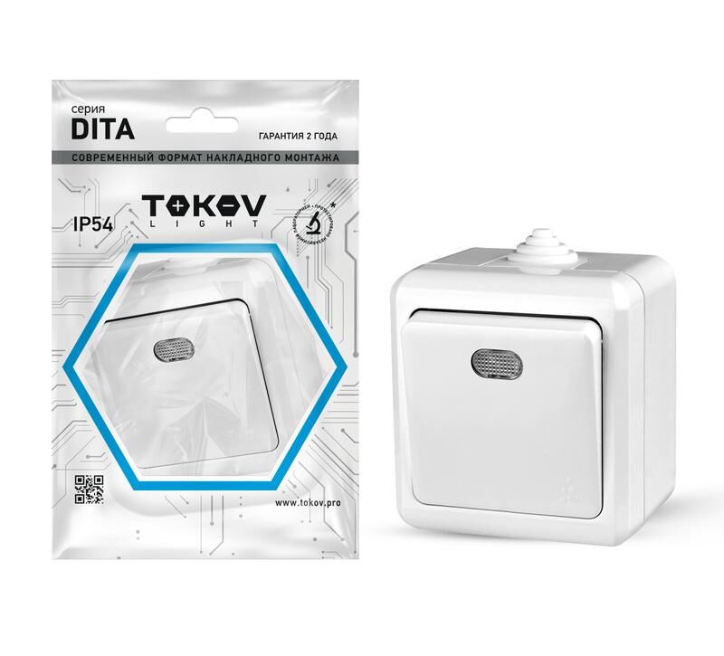 Выключатель 1-клавишный ОП Dita IP54 10А 250 В с индикацией цвет белый TOKOV ELECTRIC TKL-DT-V1I-C01-IP54