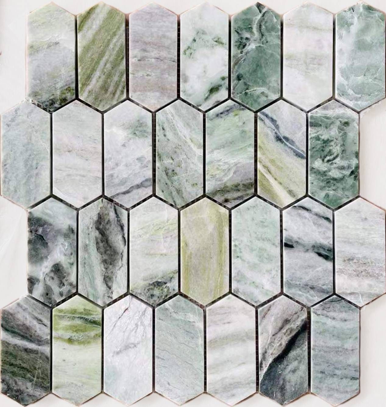 Керамическая плитка Керамин Caramelle Pietrine Hexagonal Onice Verde Oliva Pol Long Hex Микс Полированная Мозаика 27,8х3