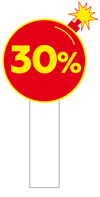 Воблер-бомбочка "30%", желтый текст на красном фоне, 70х70х0,55 мм, ножка 20х60 мм, белая, полипропилен