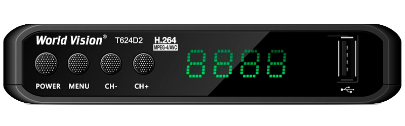 Цифровой эфирный ресивер World Vision T624D2 (DVB-T2/T/C, IPTV, USB, пластик, кнопки, дисплей) 1